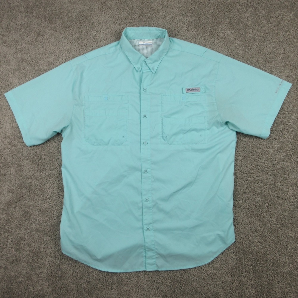 Columbia PFG Shirt Mens Large Mint Green Fishing Pockets Omni-Shade Button Up